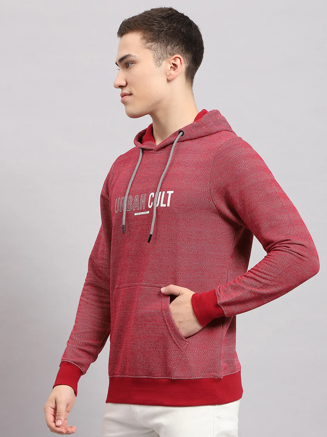 Men Maroon Printed Hooded Full Sleeve T-Shirt - Image 3