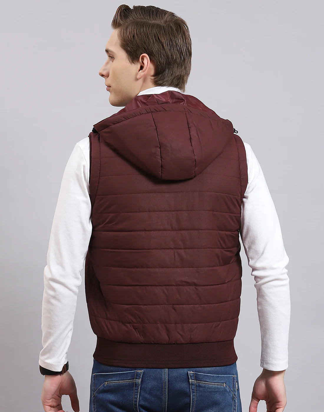 Men Maroon Printed Hooded Sleeveless Jacket - Image 6