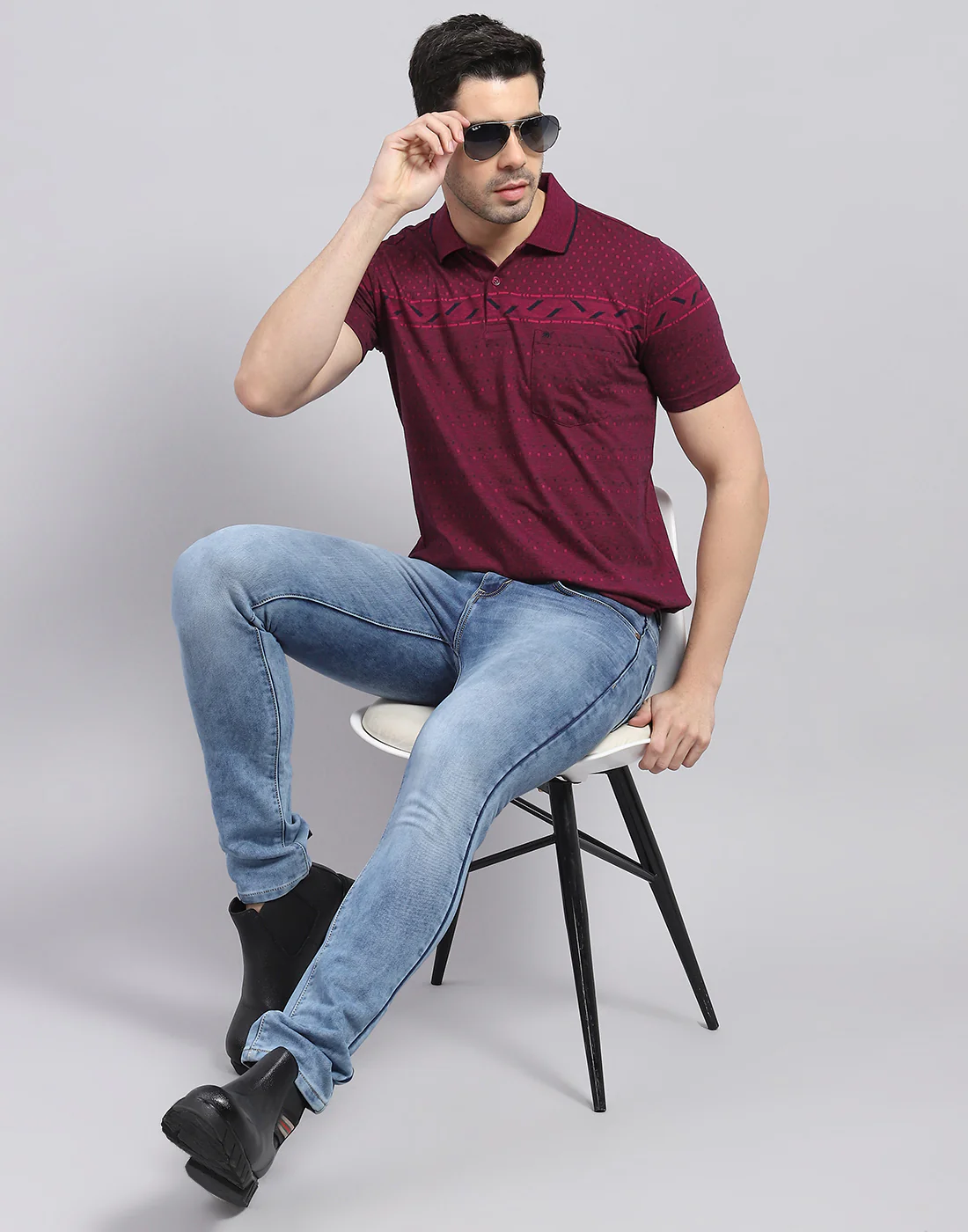 Men Maroon Printed Polo Collar Half Sleeve T-Shirt - Image 2