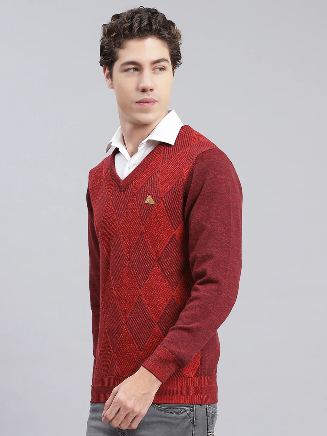 Men Maroon Printed Pure wool Pullover - Image 3