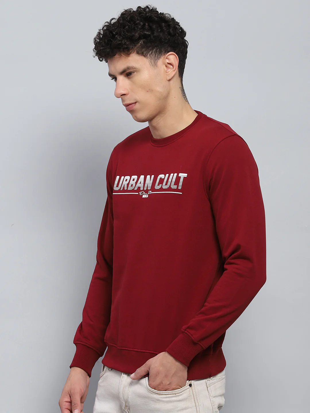 Men Maroon Printed Round Neck Full Sleeve Sweatshirt - Image 3