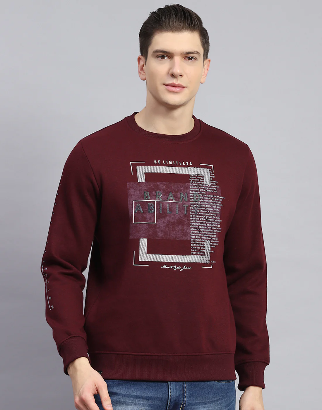 Men Maroon Printed Round Neck Full Sleeve Sweatshirt - Image 3