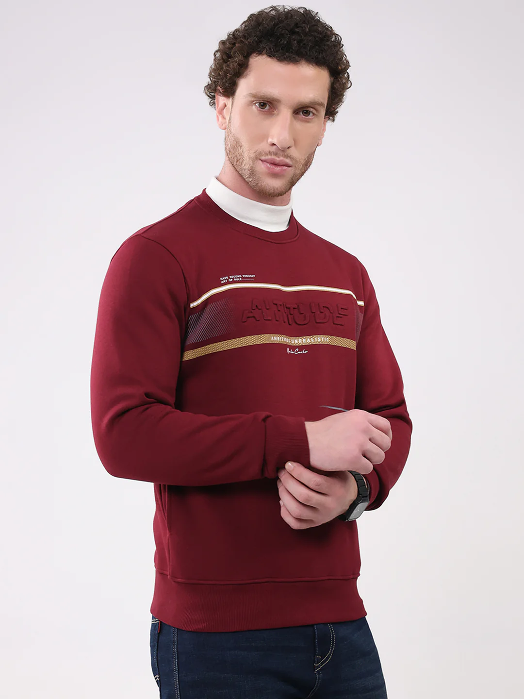 Men Maroon Printed Round Neck Full Sleeve Sweatshirt - Image 4