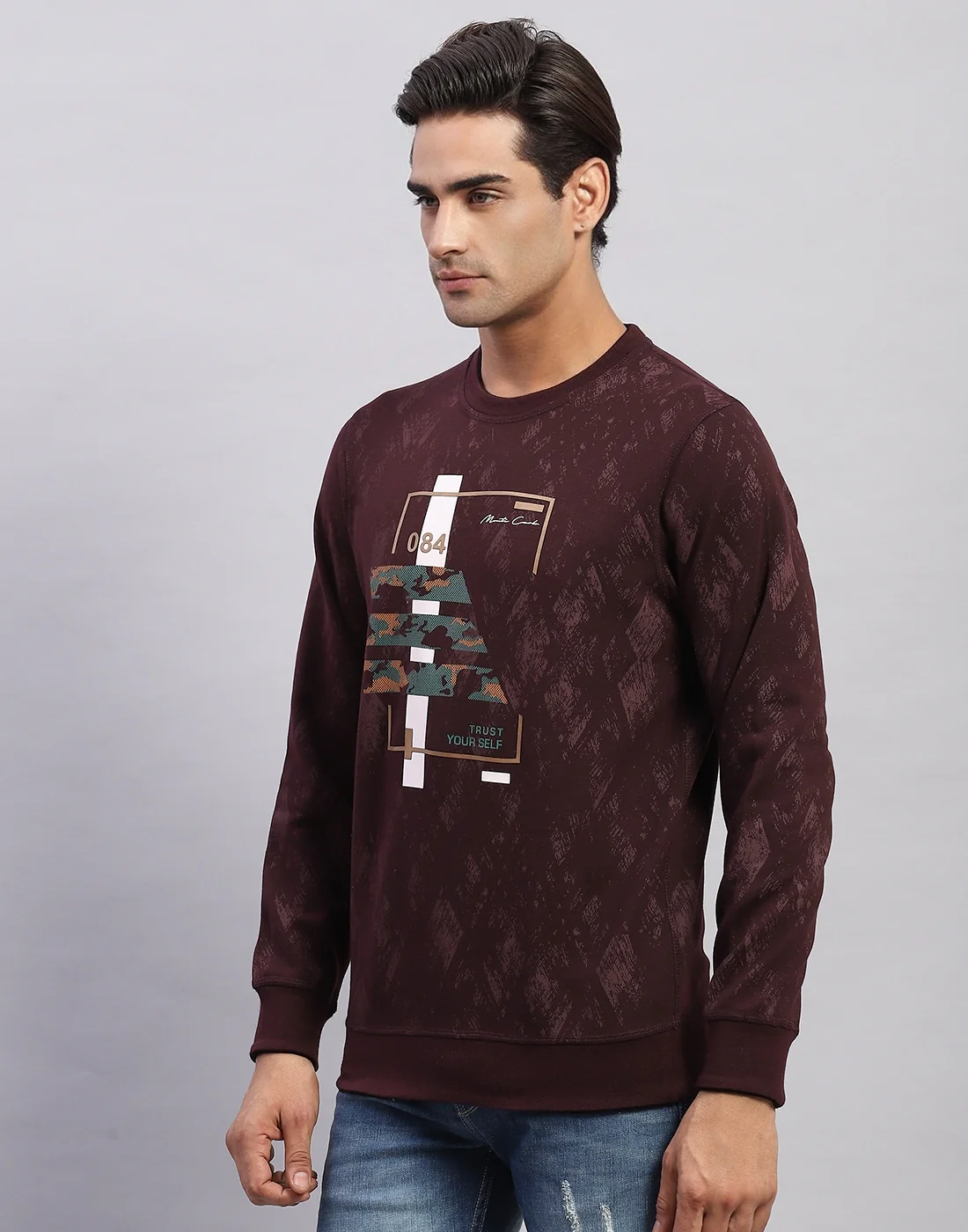 Men Maroon Printed Round Neck Full Sleeve Winter T-Shirt - Image 3