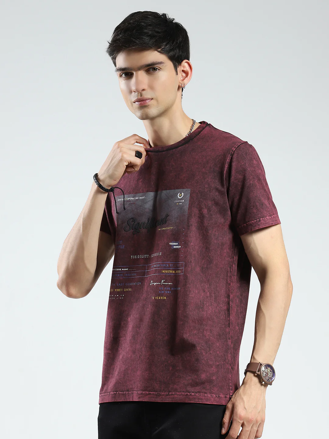 Men Maroon Printed Round Neck Half Sleeve T-Shirt - Image 3