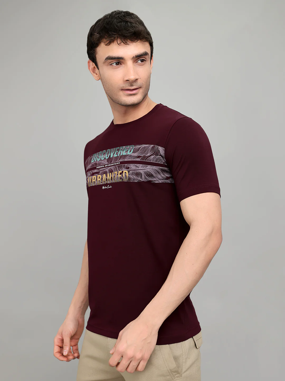 Men Maroon Printed Round Neck Half Sleeve T-Shirt - Image 2