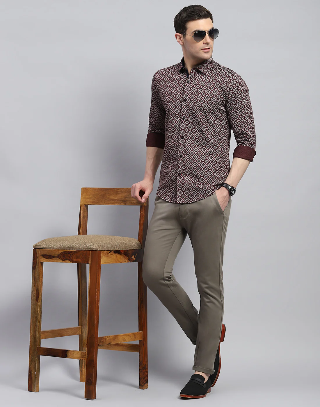 Men Maroon Printed Spread Collar Full Sleeve Shirt - Image 2