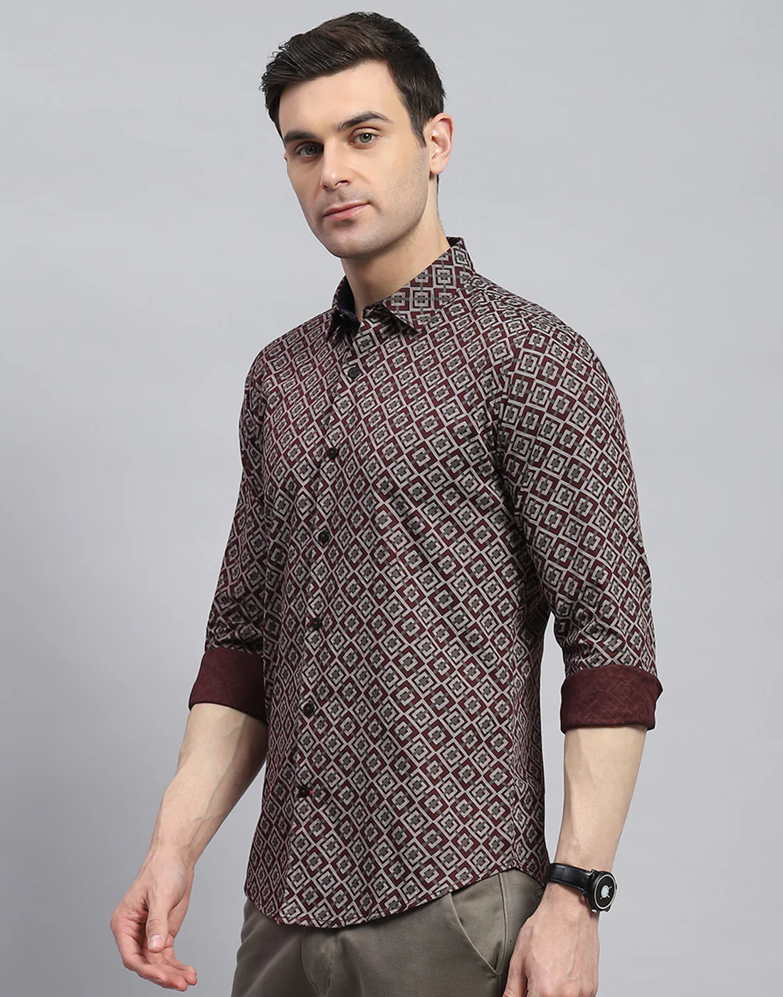 Men Maroon Printed Spread Collar Full Sleeve Shirt - Image 3