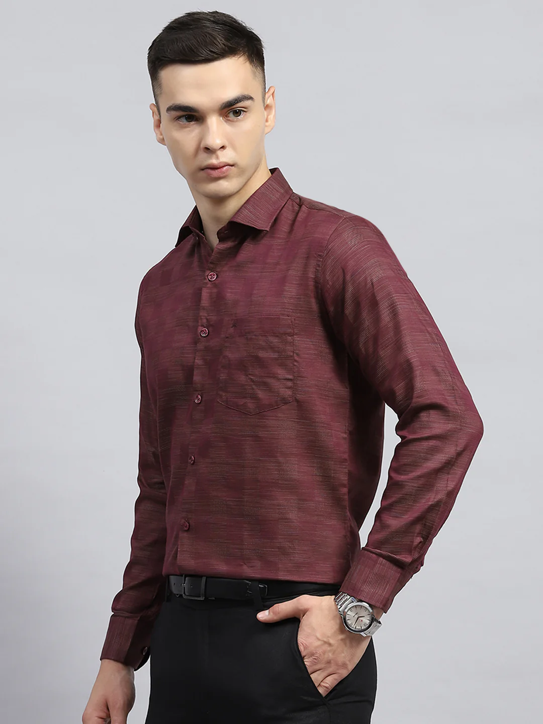 Men Maroon Self Design Collar Full Sleeve Shirt - Image 3
