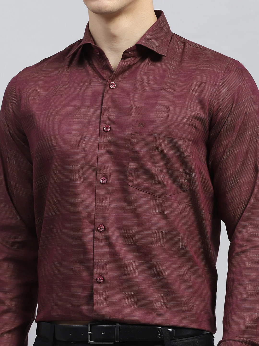 Men Maroon Self Design Collar Full Sleeve Shirt - Image 6