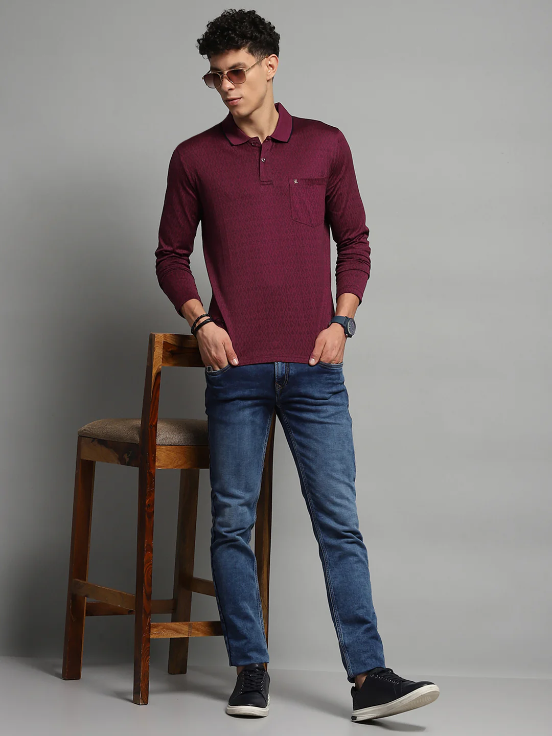 Luxuria Men Maroon Self Design Collar Full Sleeve Winter T-Shirt - Image 2