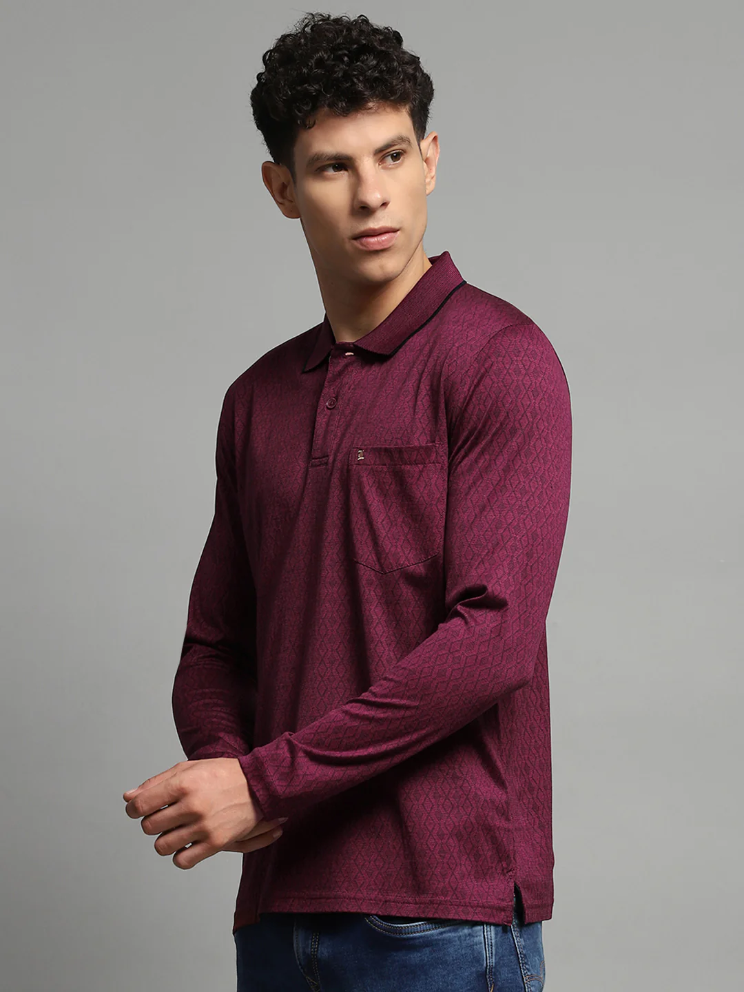 Luxuria Men Maroon Self Design Collar Full Sleeve Winter T-Shirt - Image 3