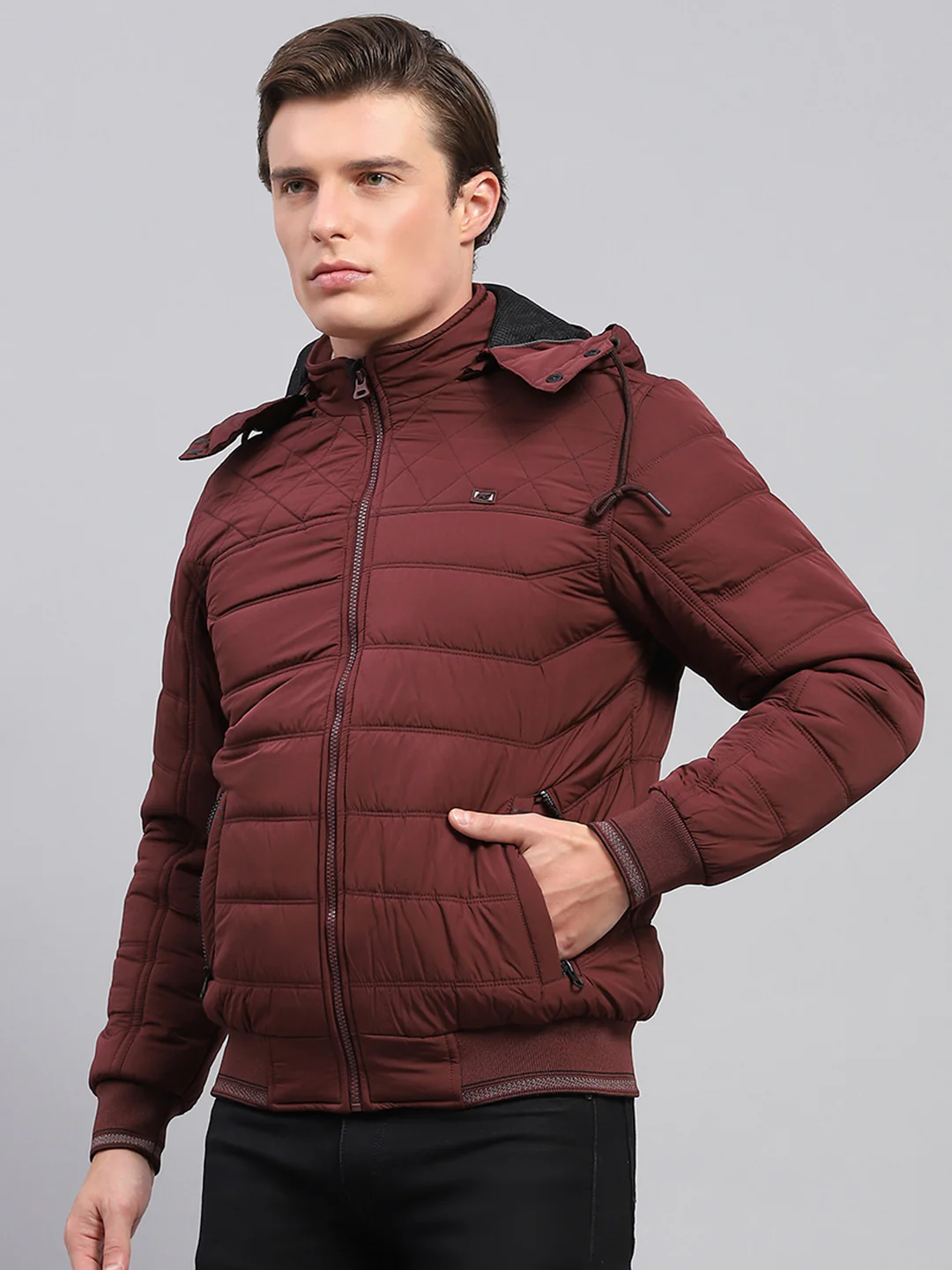 Men Maroon Self Design Detachable Hood Full Sleeve Jacket - Image 3