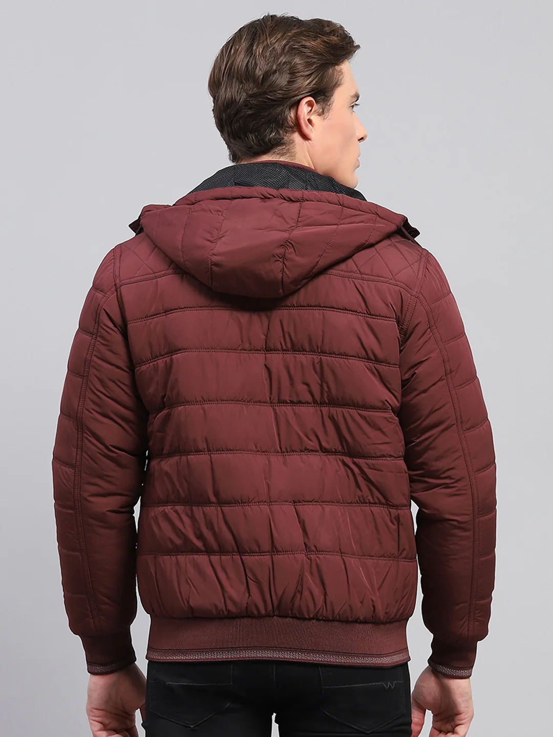 Men Maroon Self Design Detachable Hood Full Sleeve Jacket - Image 5