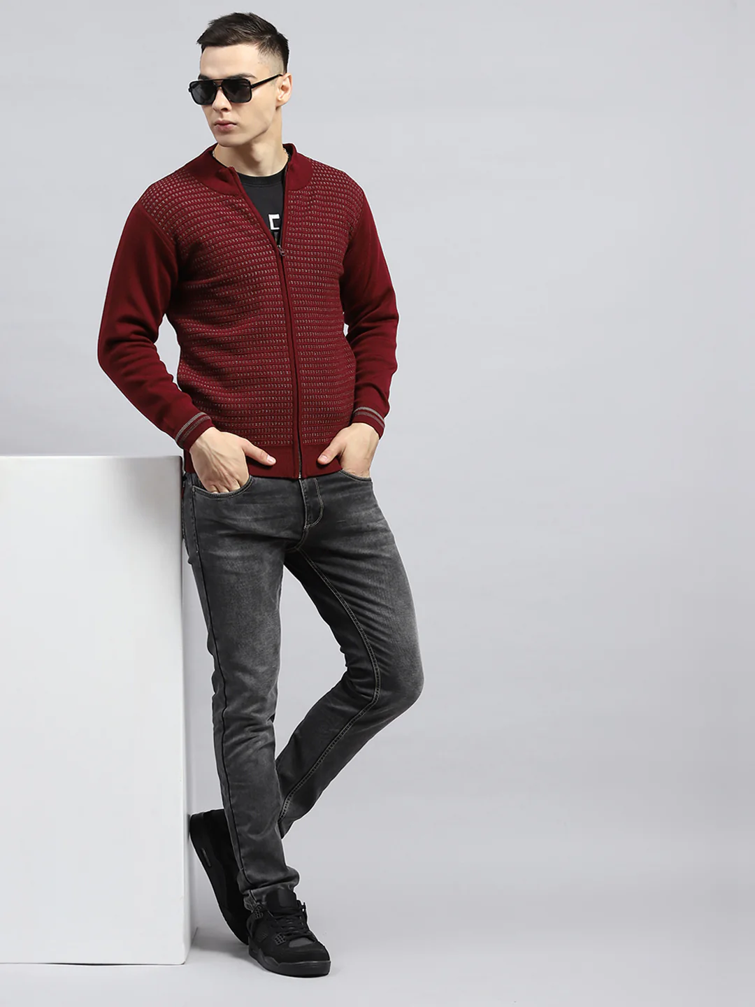 Men Maroon Self Design High Neck Full Sleeve Pullover - Image 2