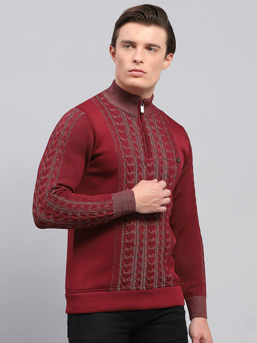 Men Maroon Self Design Mock Neck Full Sleeve Pullover - Image 4