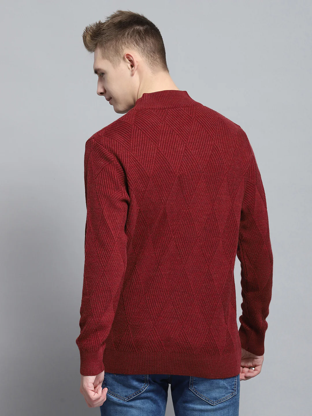 Men Maroon Self Design Mock Neck Full Sleeve Pullover - Image 5