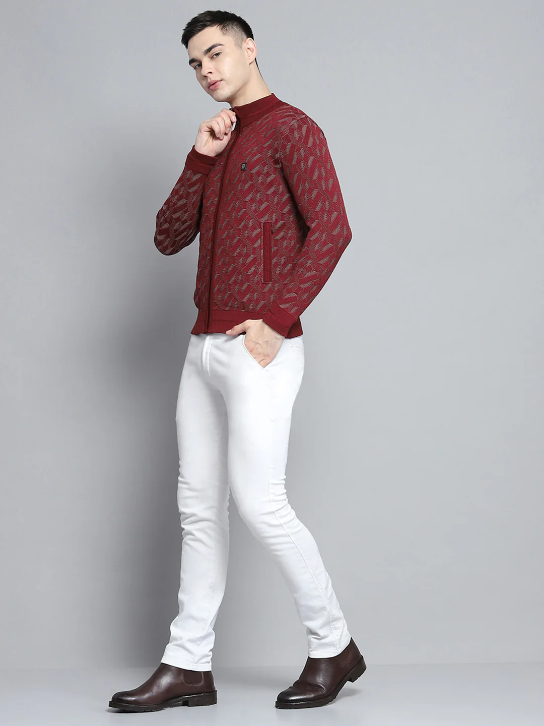 Men Maroon Self Design Mock Neck Full Sleeve Pullover - Image 2