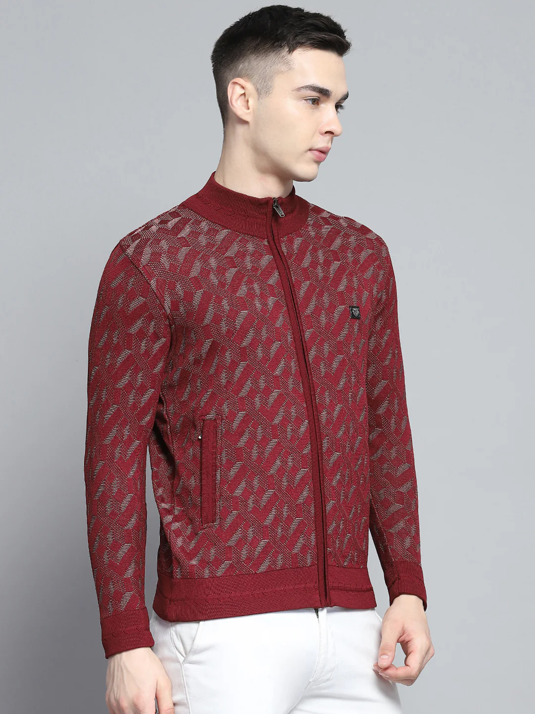 Men Maroon Self Design Mock Neck Full Sleeve Pullover - Image 4