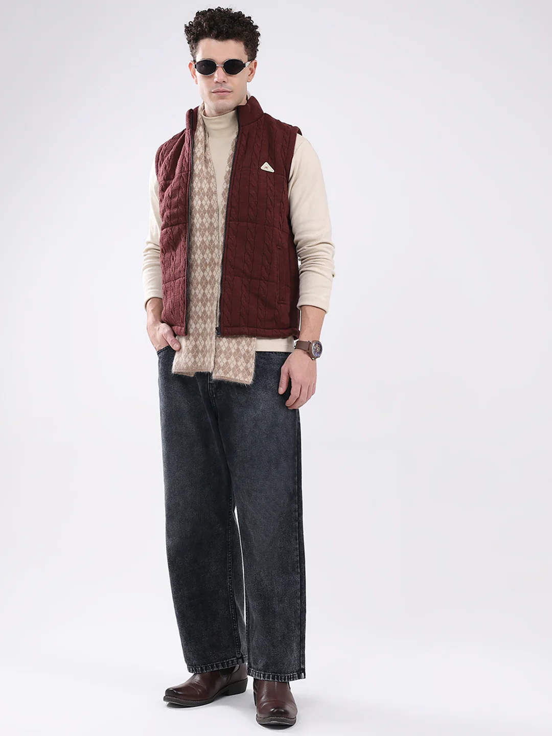 Men Maroon Self Design Mock Neck Sleeveless Jacket - Image 2