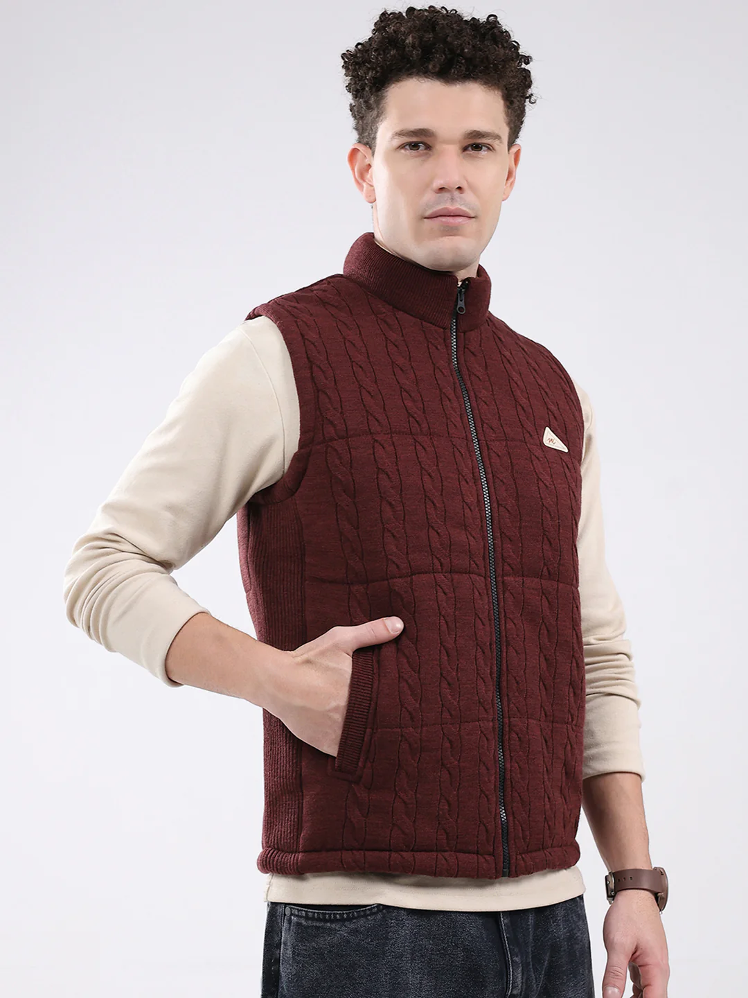 Men Maroon Self Design Mock Neck Sleeveless Jacket - Image 4