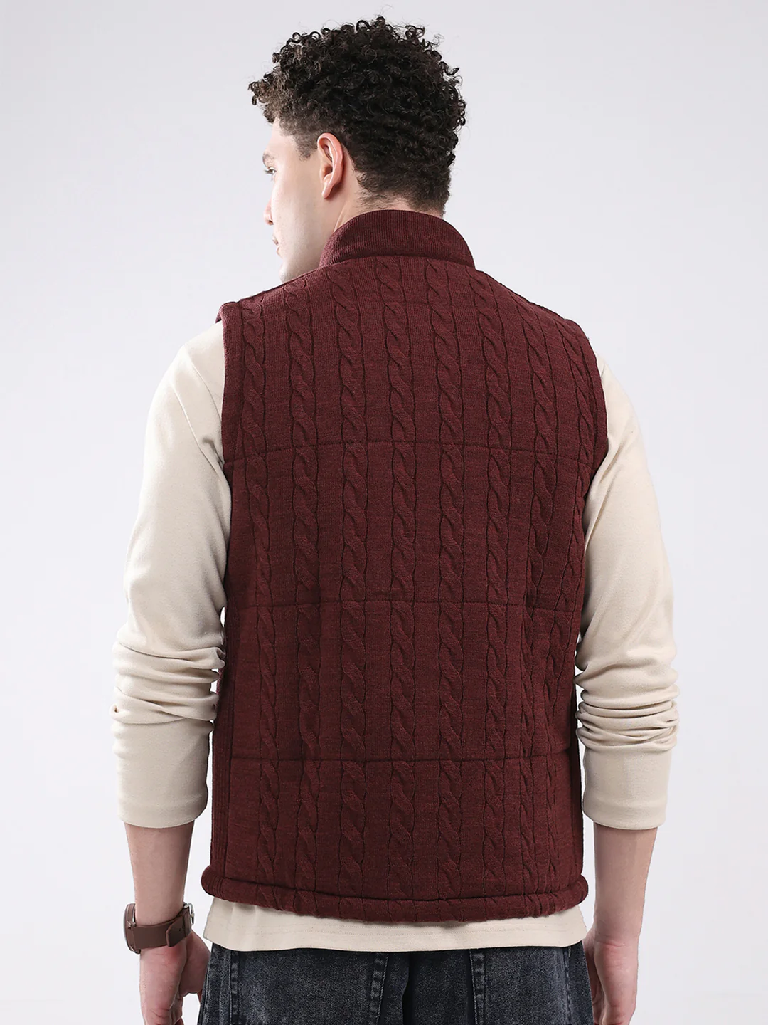 Men Maroon Self Design Mock Neck Sleeveless Jacket - Image 5