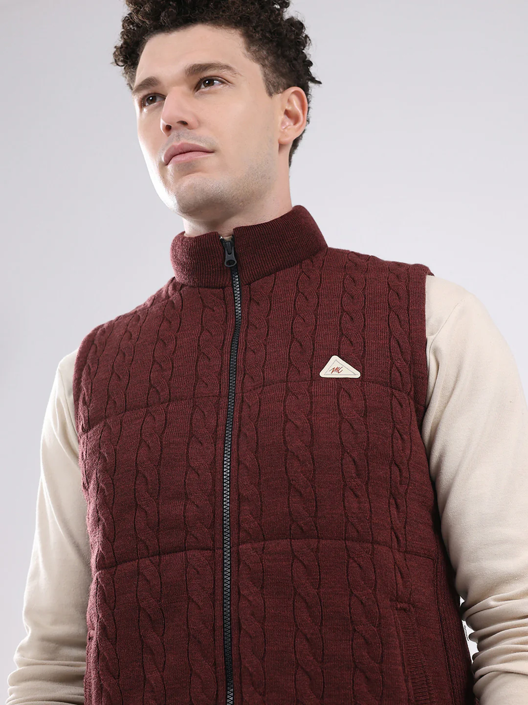 Men Maroon Self Design Mock Neck Sleeveless Jacket - Image 6