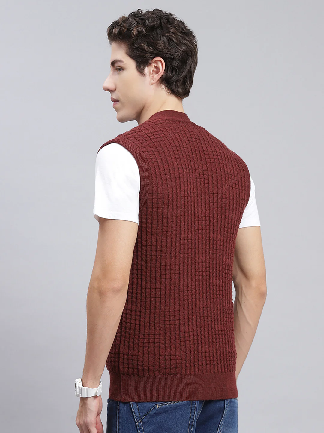 Men Maroon Self Design Pure wool Cardigan - Image 5