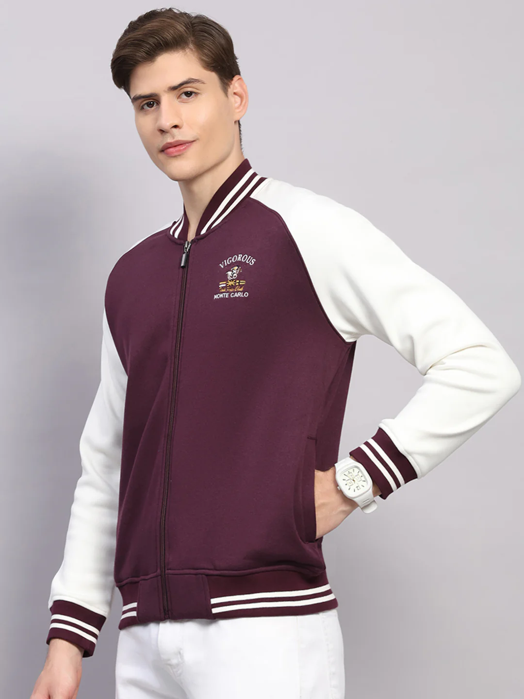 Men Maroon Self Design Ribbed Collar Full Sleeve Sweatshirt Varsity Collection - Image 3