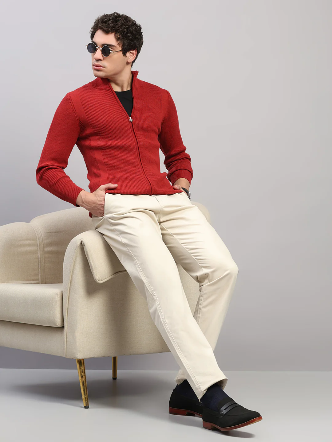 Luxuria Men Maroon Self Design Round Neck Full Sleeve Pullover - Image 2