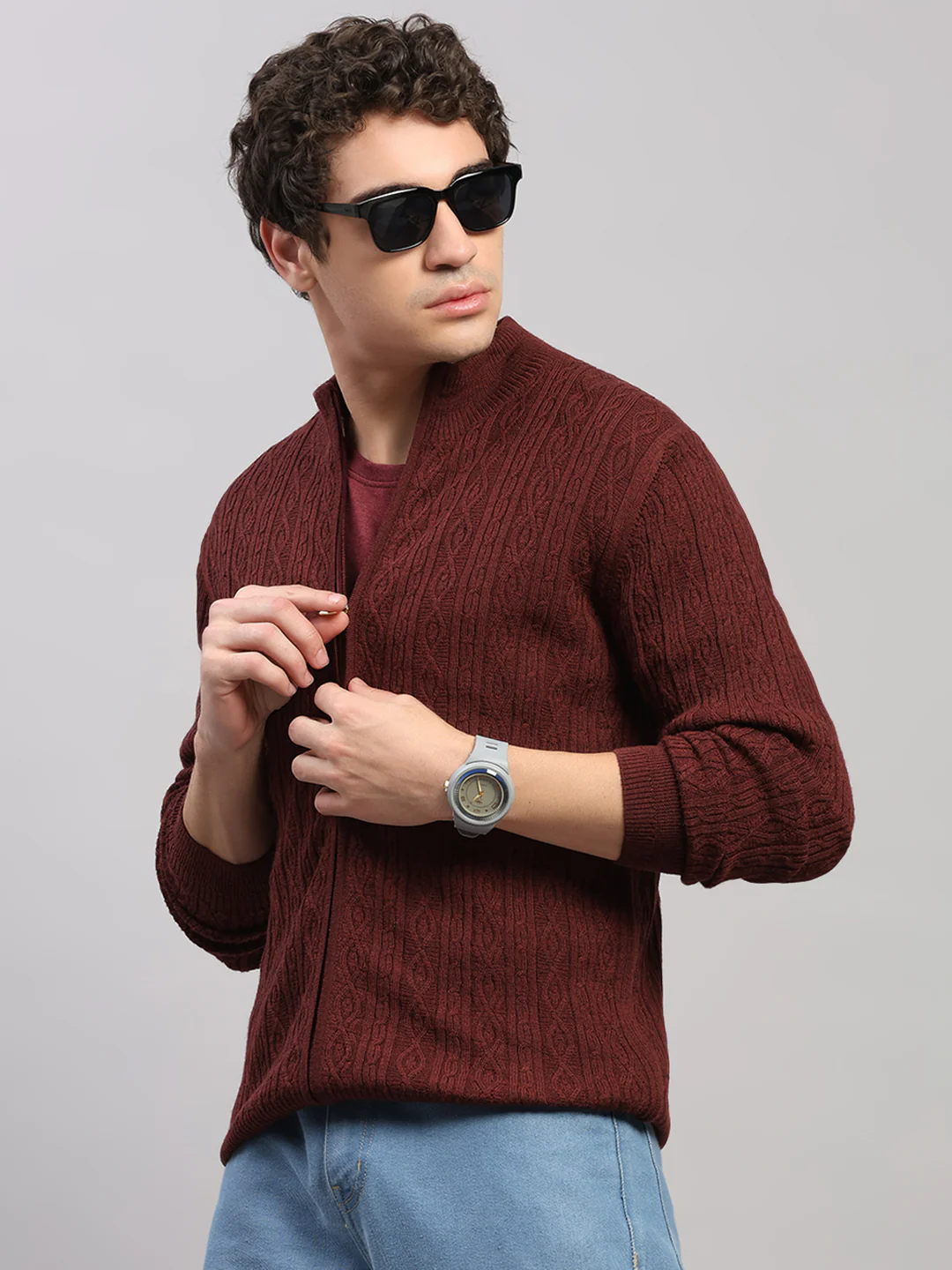 Luxuria Men Maroon Self Design Round Neck Full Sleeve Pullover - Image 4