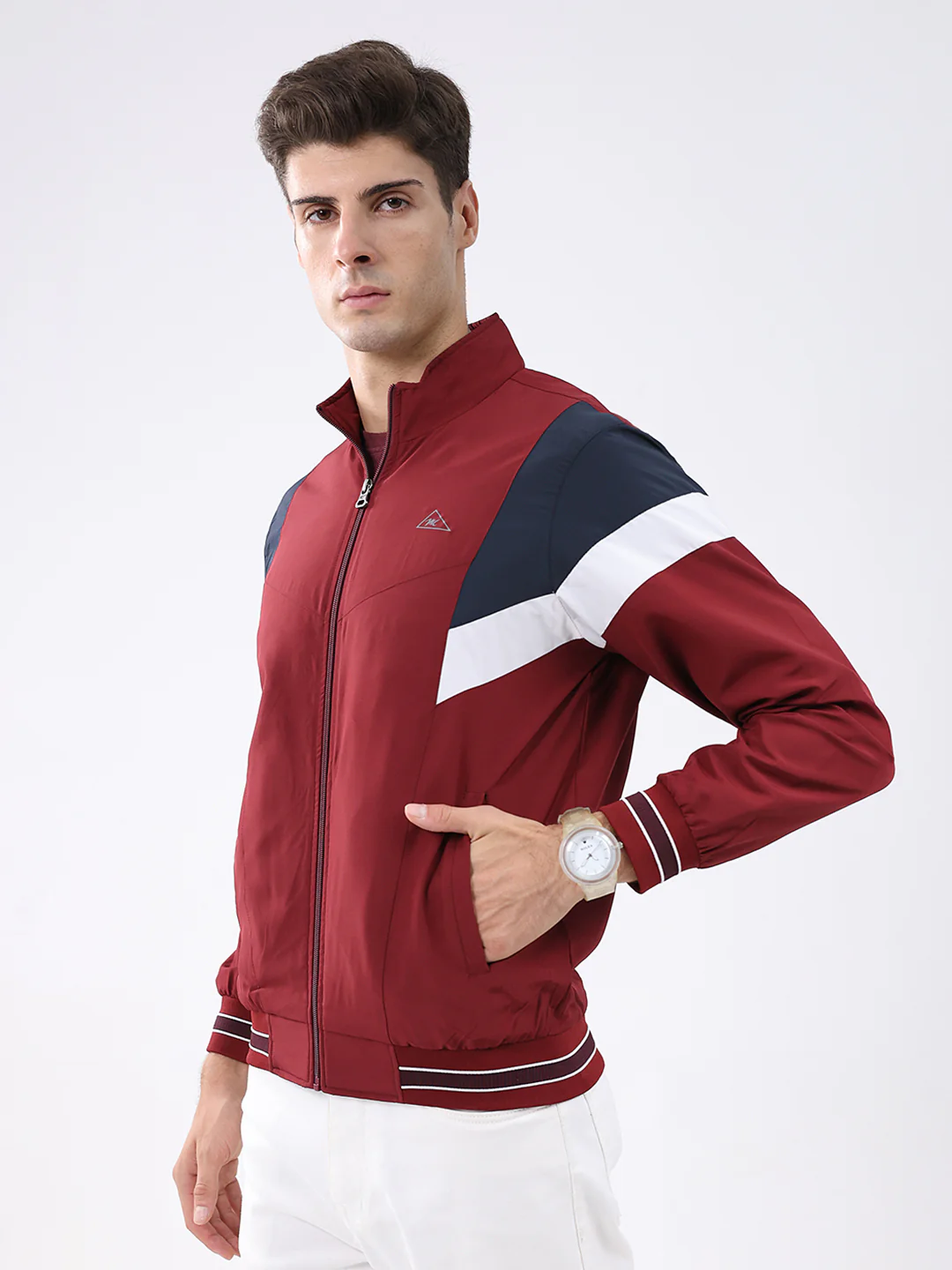 Men Maroon Self Design Stand Collar Full Sleeve Jacket - Image 3
