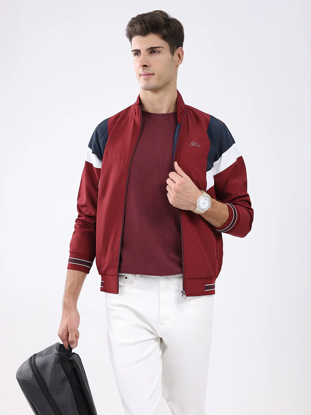 Men Maroon Self Design Stand Collar Full Sleeve Jacket - Image 6