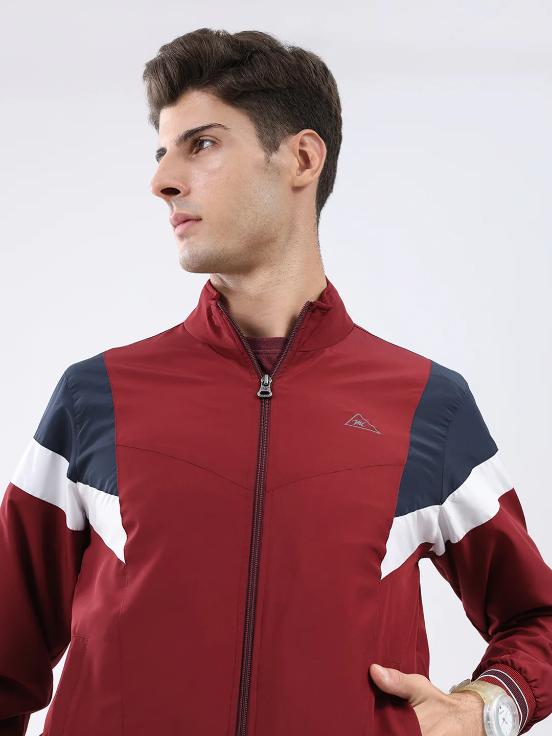 Men Maroon Self Design Stand Collar Full Sleeve Jacket - Image 7