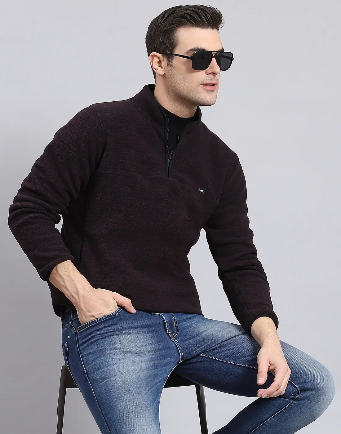 Men Maroon Self Design T Neck Full Sleeve Sweatshirt - Image 2