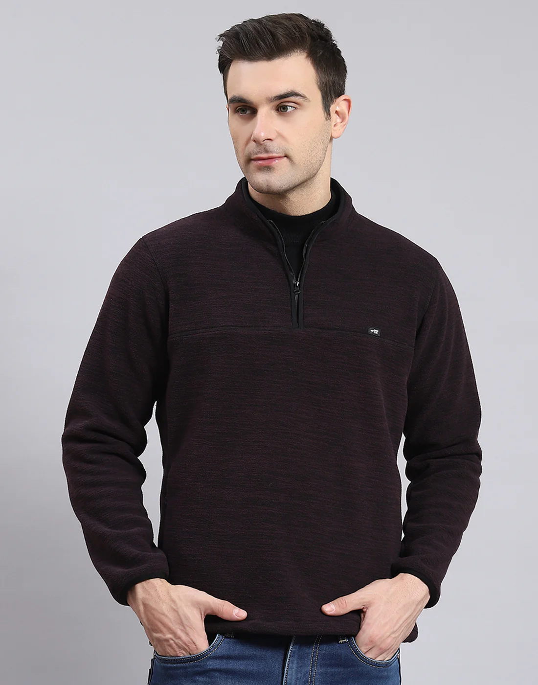Men Maroon Self Design T Neck Full Sleeve Sweatshirt - Image 3