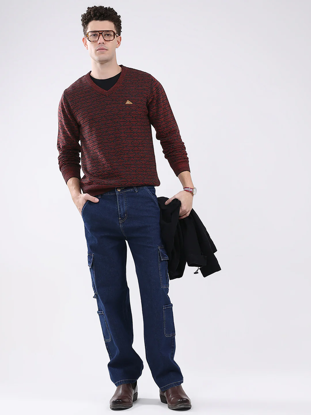 Men Maroon Self Design V Neck Full Sleeve Pullover - Image 2