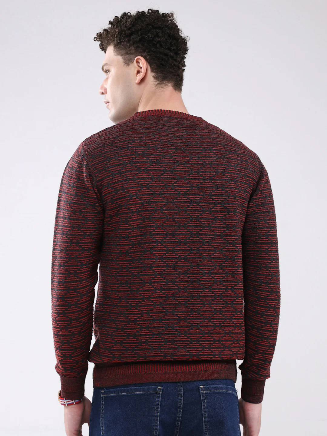 Men Maroon Self Design V Neck Full Sleeve Pullover - Image 5