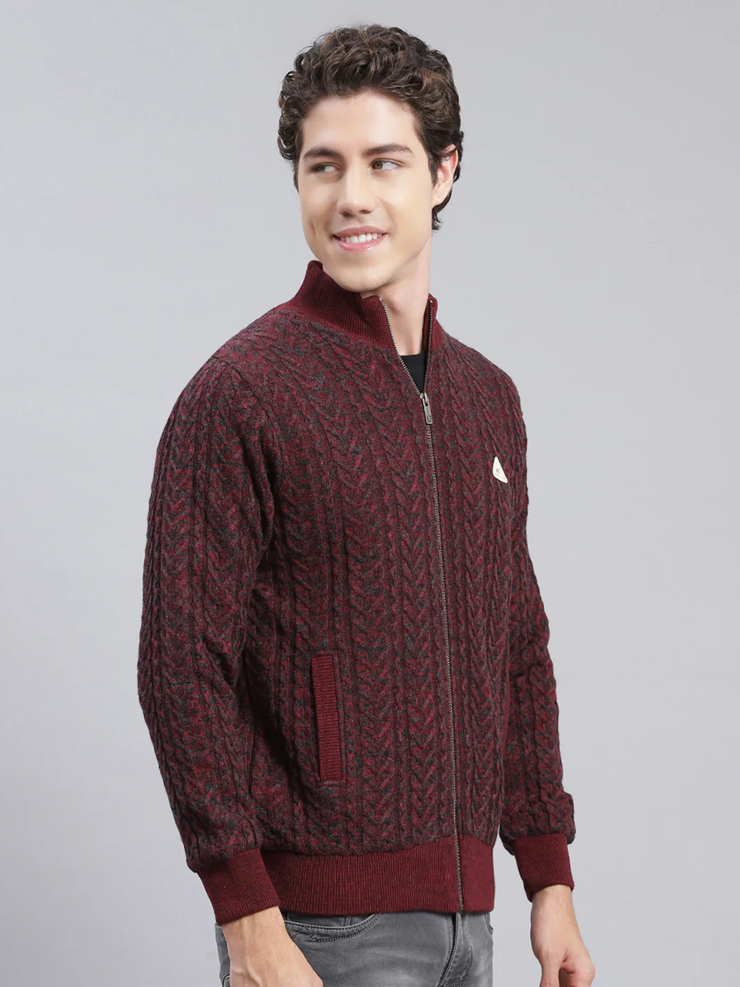 Men Maroon Self Design Wool blend Jacket - Image 2