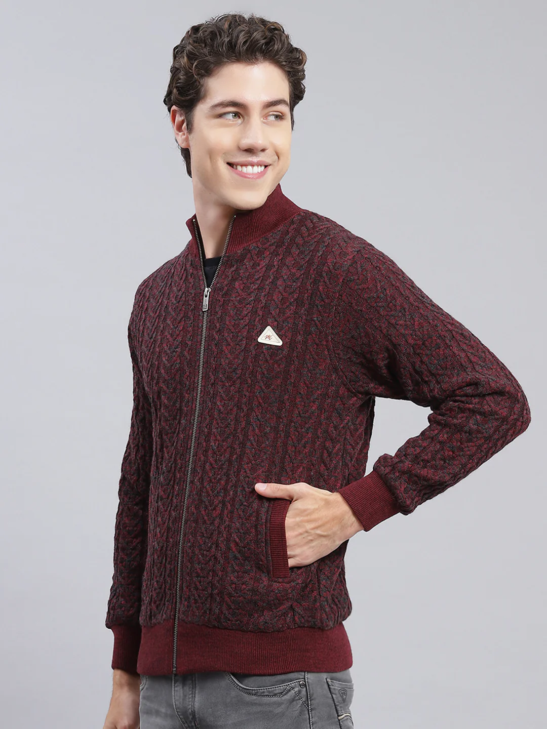 Men Maroon Self Design Wool blend Jacket - Image 3