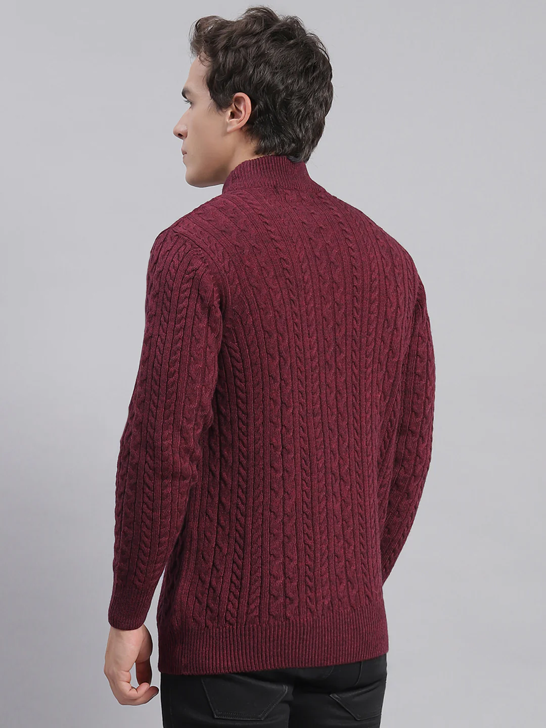 Men Maroon Self Design T Neck Full Sleeve Sweaters/Pullovers - Image 5