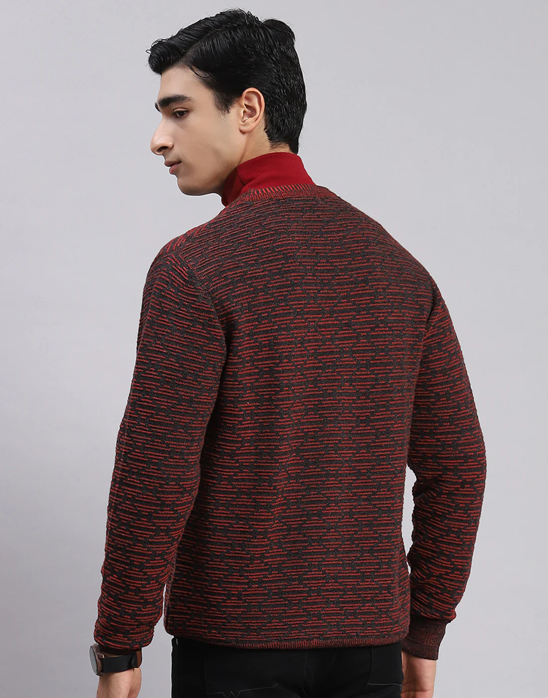 Men Maroon Self Design V Neck Full Sleeve Sweaters/Pullovers - Image 6