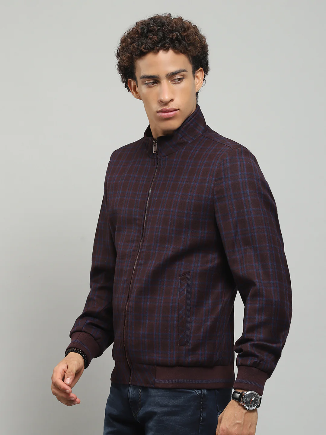 Men Maroon Solid Band Collar Full Sleeve Jacket - Image 3
