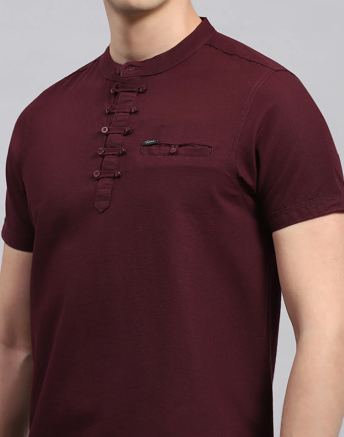 Men Maroon Solid Band Collar Half Sleeve T-Shirt - Image 6