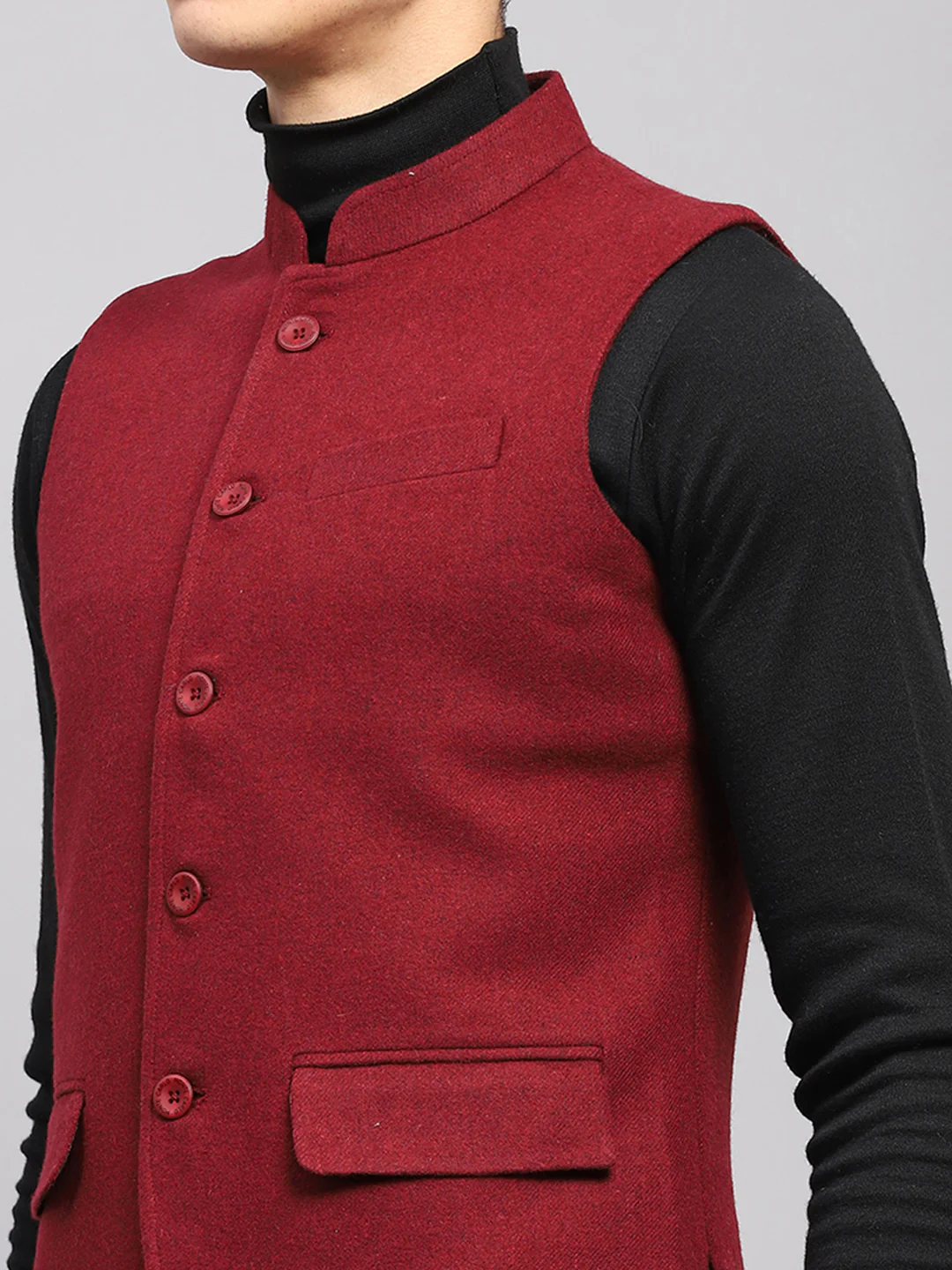 Men Maroon Solid Band Collar Sleeveless Jacket - Image 6