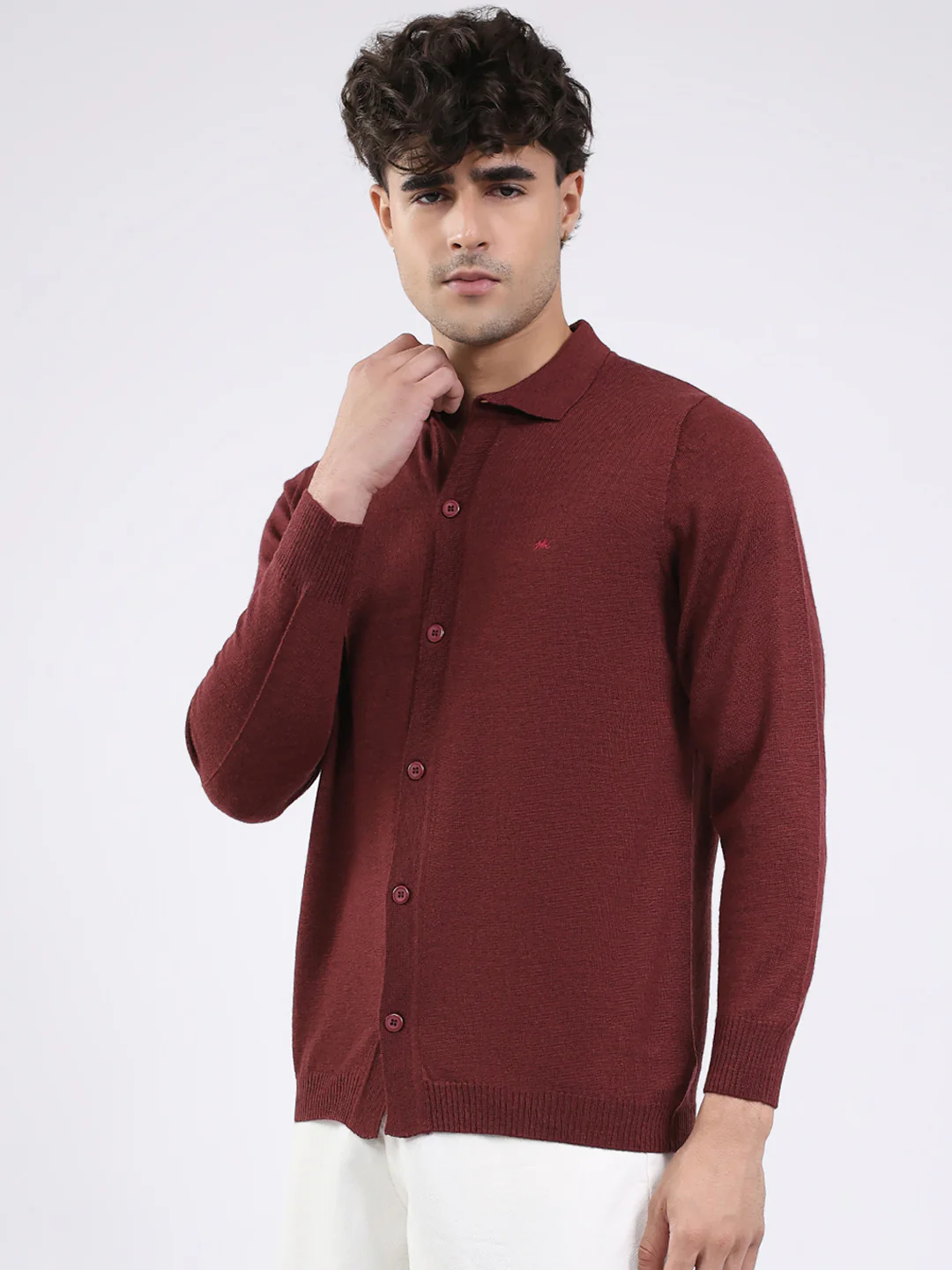 Men Maroon Solid Collar Full Sleeve Shirt - Image 3