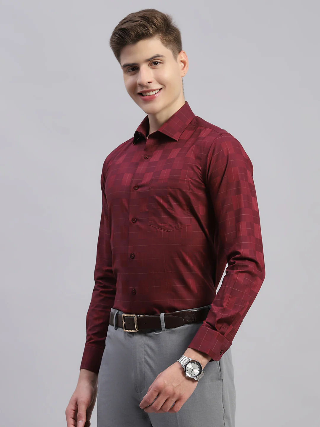 Men Maroon Solid Collar Full Sleeve Shirt - Image 3