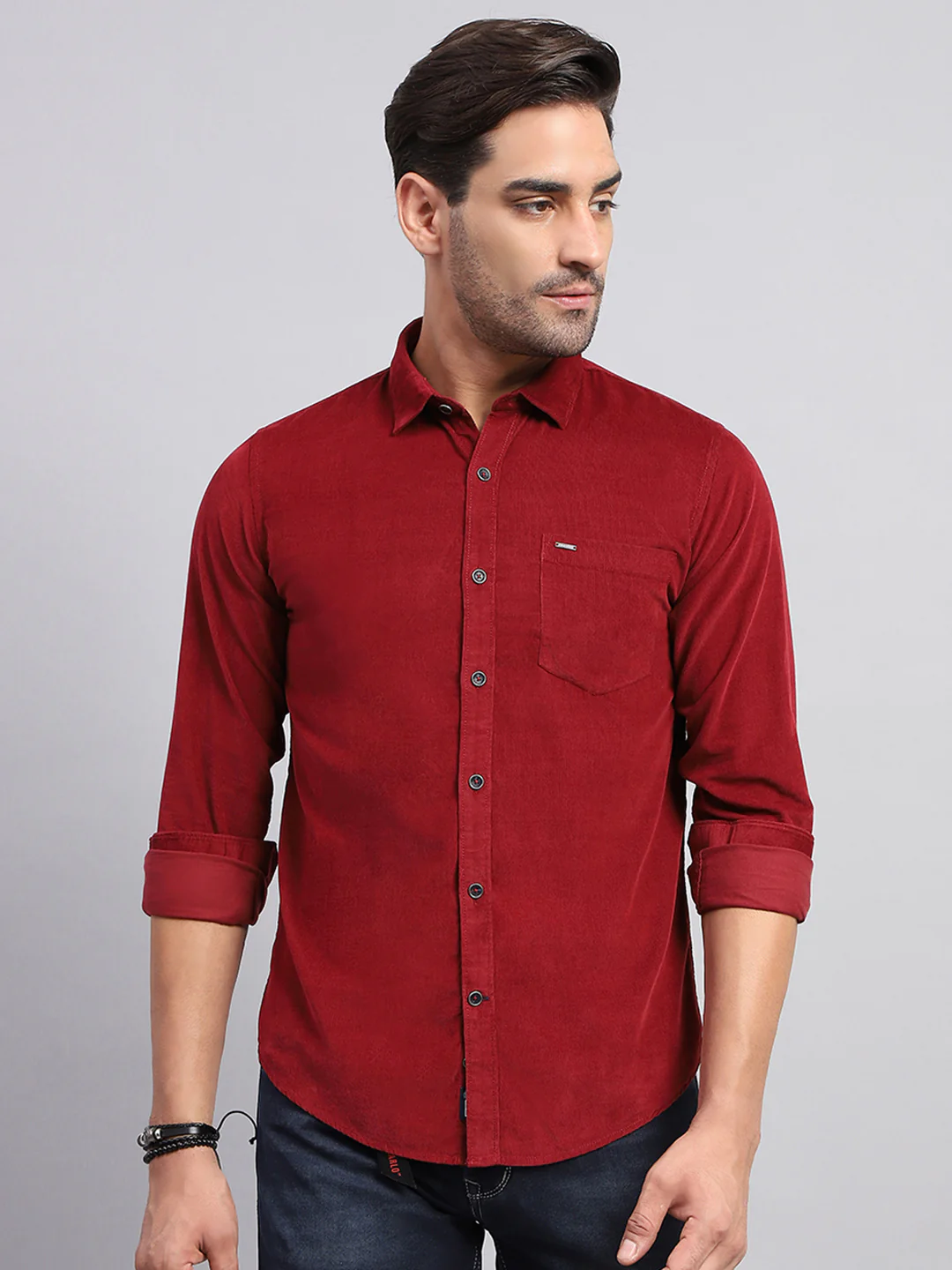 Men Maroon Solid Collar Full Sleeve Shirt - Image 2