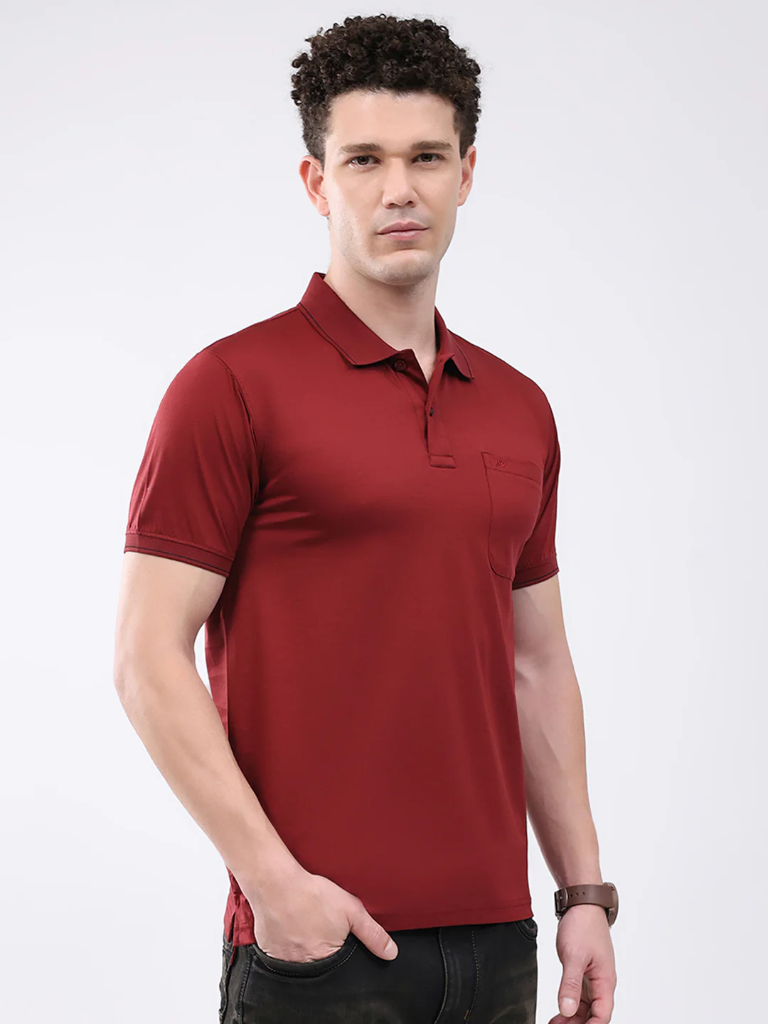 Men Maroon Solid Collar Half Sleeve T-Shirt - Image 4