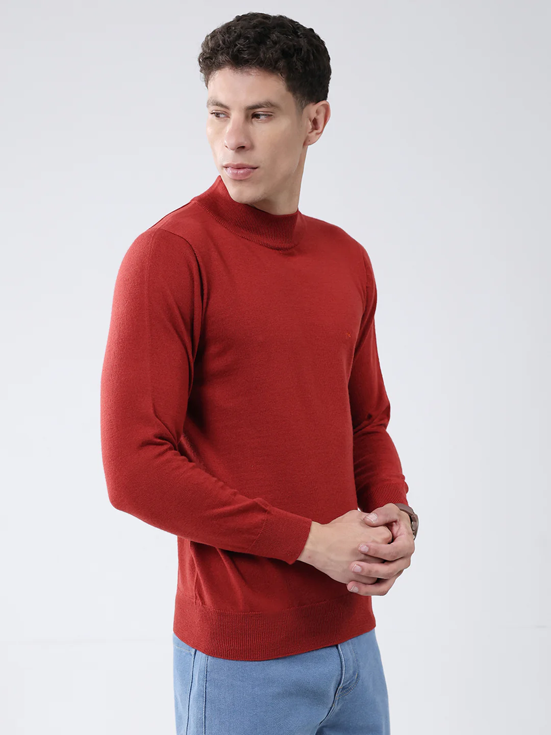 Men Maroon Solid High Neck Full Sleeve Pullover - Image 4